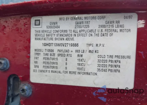 1997 Oldsmobile Bravada из США, поврежденный, VIN 1GHDT13W0V2719866